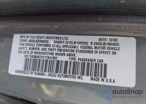 2001 Subaru Outback Outback Awp from USA, damaged, VIN 4S3BH675717641502